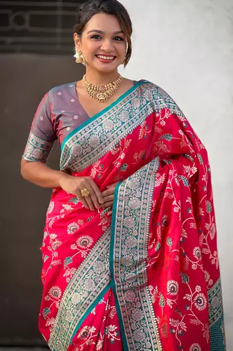 Pink banarasi silk zari woven saree with contrast blouse piece