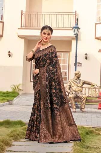 Black silk blend banarasi saree with unstitched blouse piece