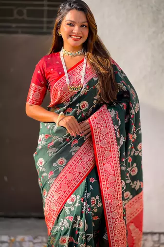 Green banarasi silk zari woven saree with contrast blouse piece