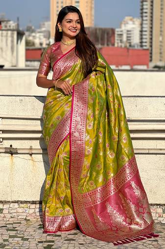 Green banarasi silk zari woven saree with contrast blouse piece