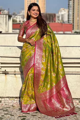 Green banarasi silk zari woven saree with contrast blouse piece