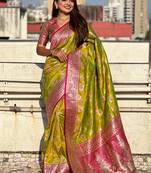 Green banarasi silk zari woven saree with contrast blouse piece