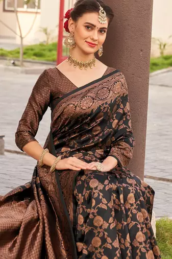 Black silk blend banarasi saree with unstitched blouse piece
