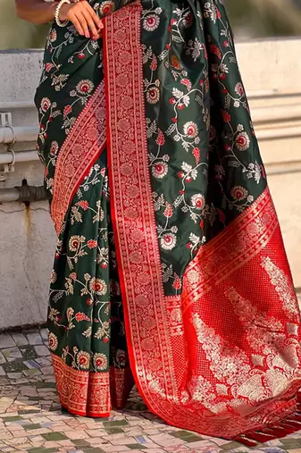 Green banarasi silk zari woven saree with contrast blouse piece