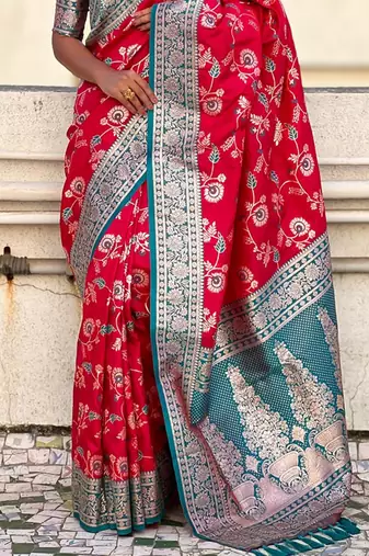 Pink banarasi silk zari woven saree with contrast blouse piece