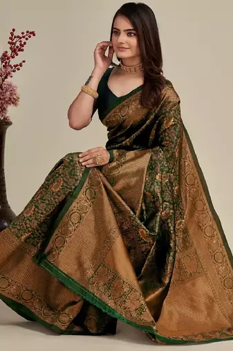 Green soft silk blend banarasi jacuard work designer party wear saree with unstitched blouse piece