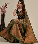 Green silk blend banarasi saree with unstitched blouse piece