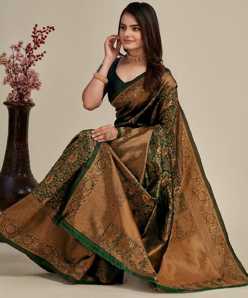 Green soft silk blend banarasi jacuard work designer party wear saree with unstitched blouse piece
