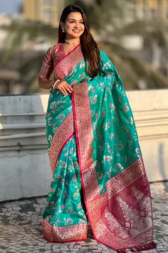 Teal banarasi silk zari woven saree with contrast blouse piece
