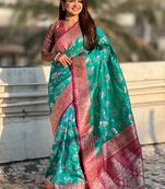 Teal banarasi silk zari woven saree with contrast blouse piece