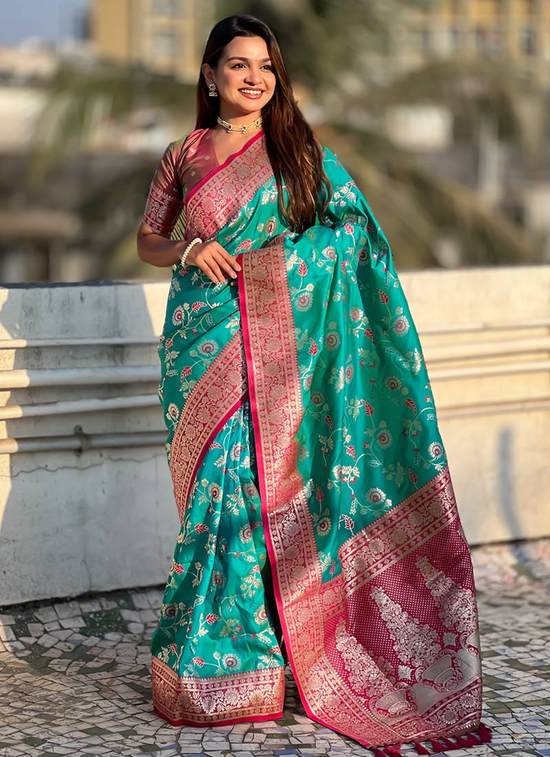 Teal banarasi silk zari woven saree with contrast blouse piece