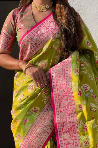 Green banarasi silk zari woven saree with contrast blouse piece