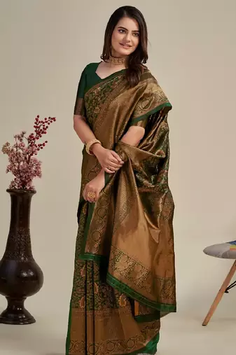 Green silk blend banarasi saree with unstitched blouse piece