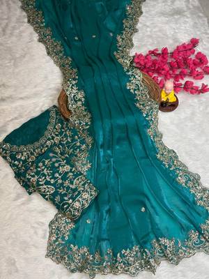 Teal color embroidery work fandy satin saree 1