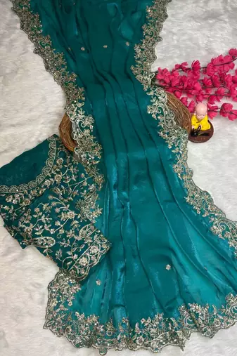 Teal color embroidery work fandy satin saree