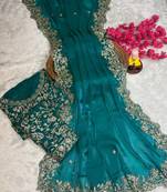 Teal color embroidery work fandy satin saree