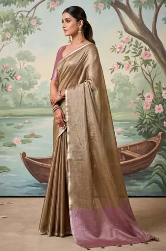 brown tissue saree with contrast border