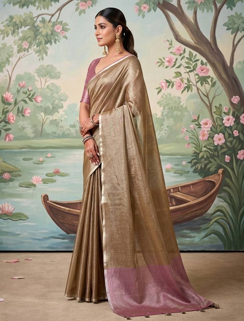 Brown color plan printed casual wear saree with blouse