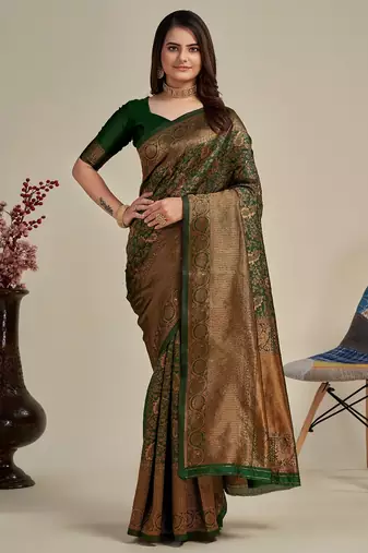 Green silk blend banarasi saree with unstitched blouse piece