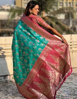 Teal banarasi silk zari woven saree with contrast blouse piece 2
