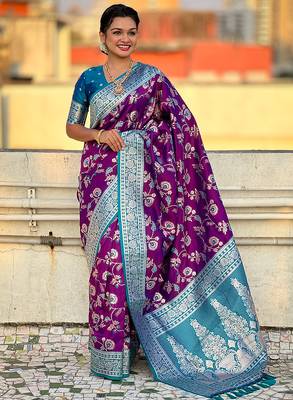 Purple banarasi silk zari woven saree with contrast blouse piece 1