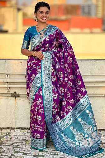 Purple banarasi silk zari woven saree with contrast blouse piece