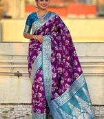 Purple banarasi silk zari woven saree with contrast blouse piece