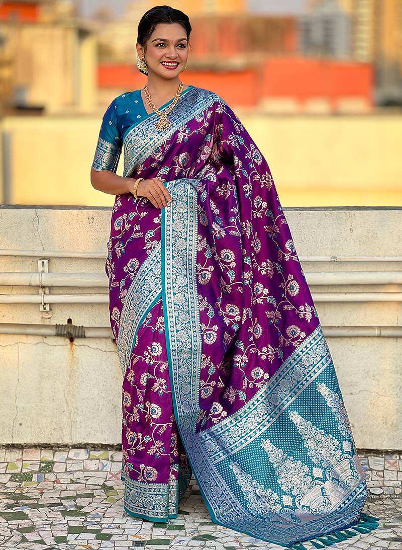 Purple banarasi silk zari woven saree with contrast blouse piece