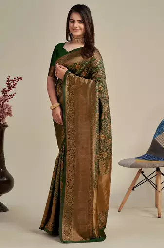 Green silk blend banarasi saree with unstitched blouse piece