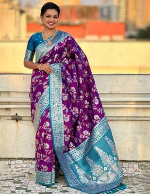 Purple banarasi silk zari woven saree with contrast blouse piece 2