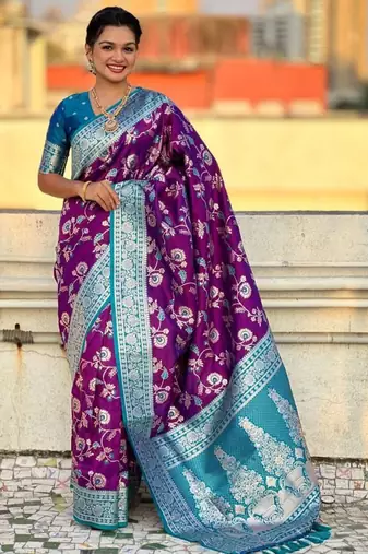 Purple banarasi silk zari woven saree with contrast blouse piece