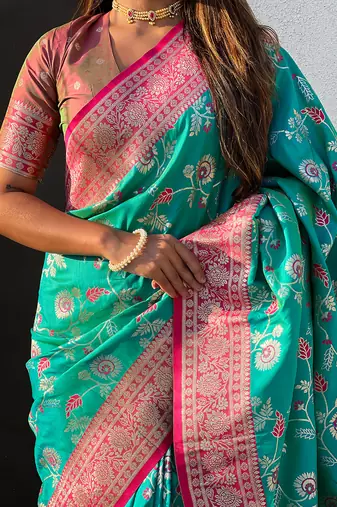Teal banarasi silk zari woven saree with contrast blouse piece