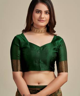 Green silk blend banarasi saree with unstitched blouse piece 5