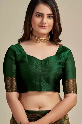 Green silk blend banarasi saree with unstitched blouse piece