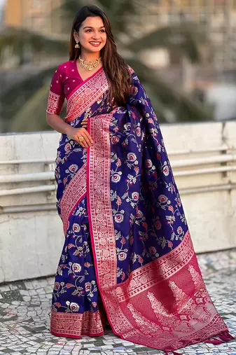 Navy blue banarasi silk zari woven saree with contrast blouse piece