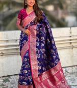 Navy blue banarasi silk zari woven saree with contrast blouse piece