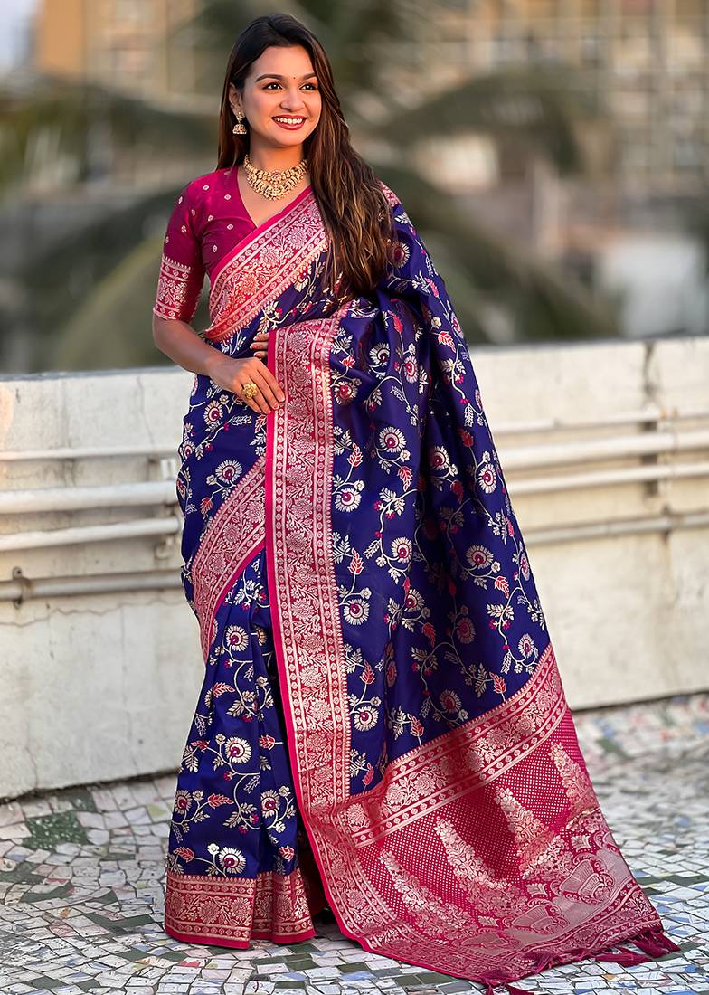 Navy blue banarasi silk zari woven saree with contrast blouse piece