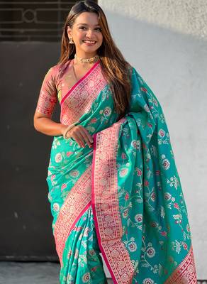 Teal banarasi silk zari woven saree with contrast blouse piece 4