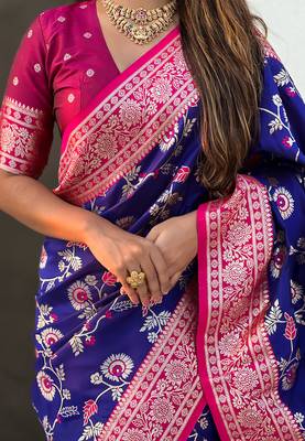 Navy blue banarasi silk zari woven saree with contrast blouse piece 3