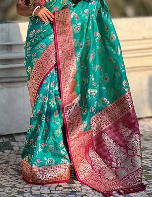 Teal banarasi silk zari woven saree with contrast blouse piece 5