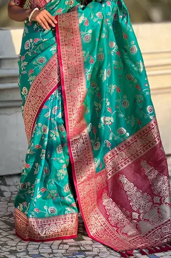 Teal banarasi silk zari woven saree with contrast blouse piece