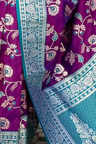 Purple banarasi silk zari woven saree with contrast blouse piece