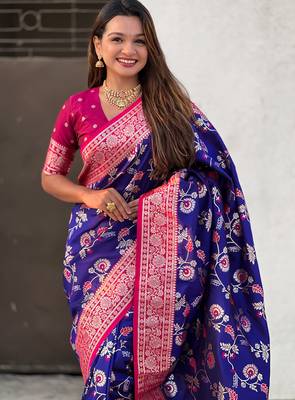 Navy blue banarasi silk zari woven saree with contrast blouse piece 4