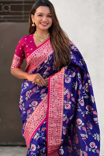 Navy blue banarasi silk zari woven saree with contrast blouse piece