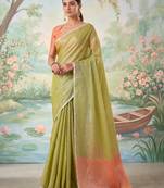 Green color plan printed casual wear saree with blouse