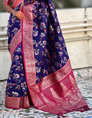 Navy blue banarasi silk zari woven saree with contrast blouse piece 5