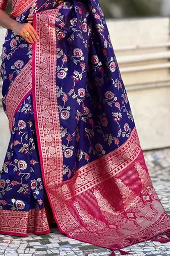 Navy blue banarasi silk zari woven saree with contrast blouse piece