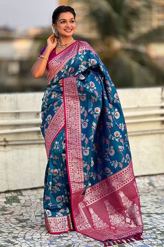 Blue banarasi silk zari woven saree with contrast blouse piece