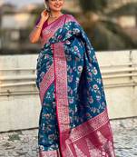 Blue banarasi silk zari woven saree with contrast blouse piece