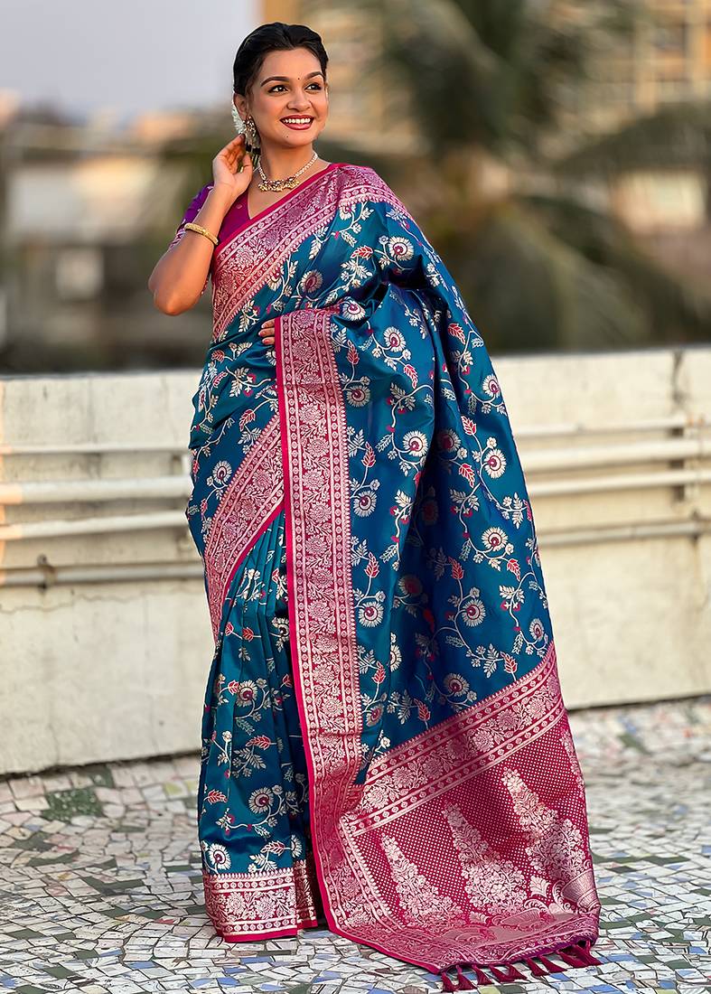 Blue banarasi silk zari woven saree with contrast blouse piece